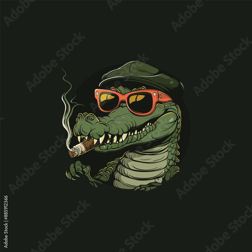 vector illustration of a crocodile smoking in the style of a mafia