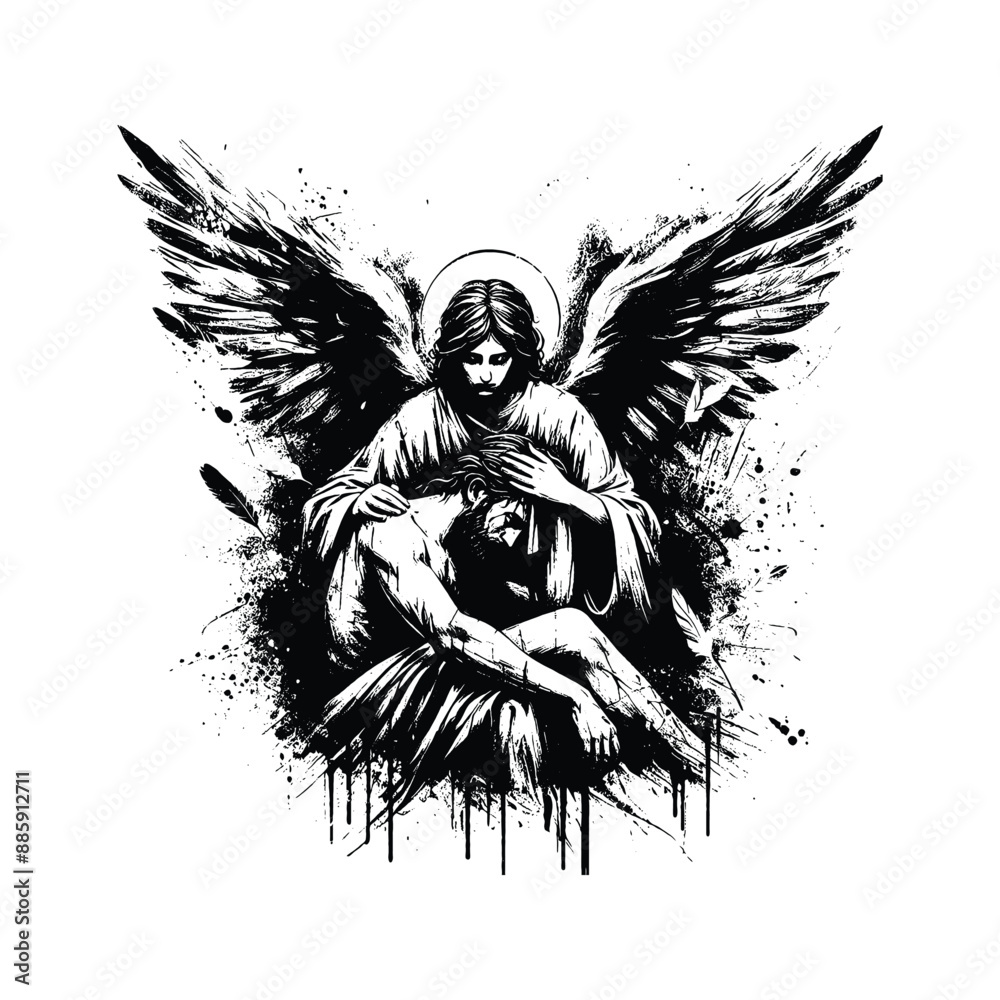 Fototapeta premium Angelic Compassion, Capture an angel wiping Jesus brow or offering solace during his suffering