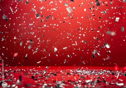 Silver Confetti Falling on Red Background