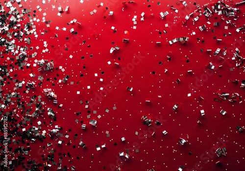 Silver Confetti Falling on Red Background