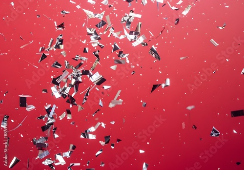 Silver Confetti Falling On Red Background