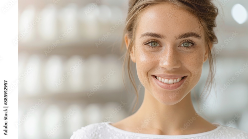 A woman with green eyes and a smile is standing in front of a shelf of bottles A woman with green eyes and a smile is standing in front of a shelf of bottles