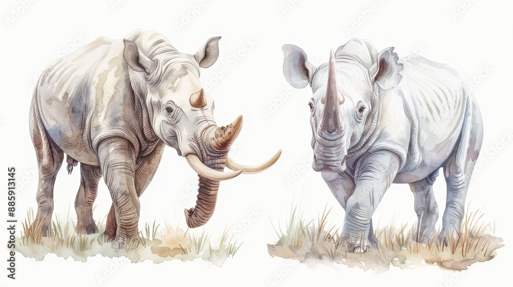 Fototapeta premium Two white rhinos are walking in a field
