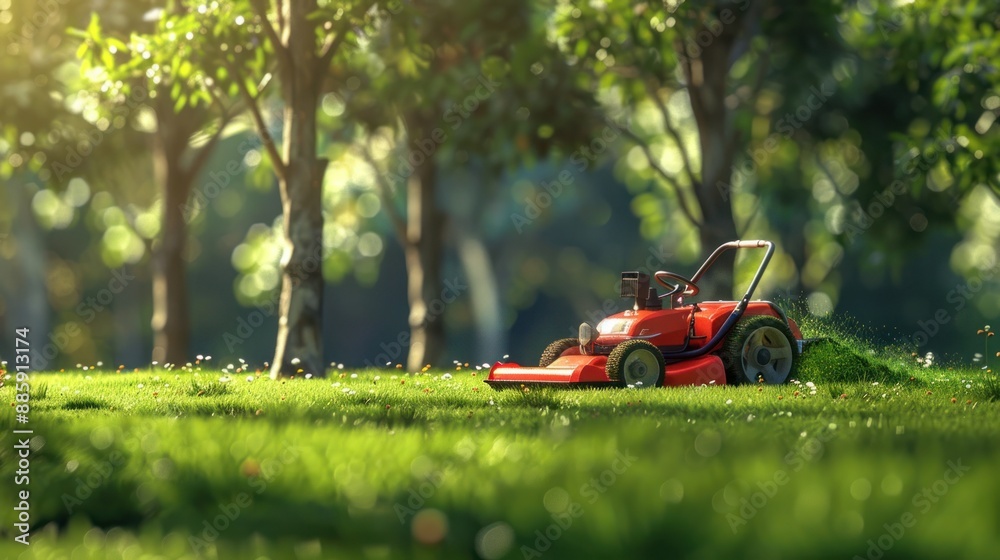 Red Lawn Mower in a Lush Green Garden