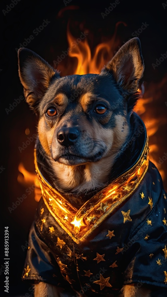 Obraz premium A dog in clothes made of fire and gold. surrounded by the fiery sun and stars