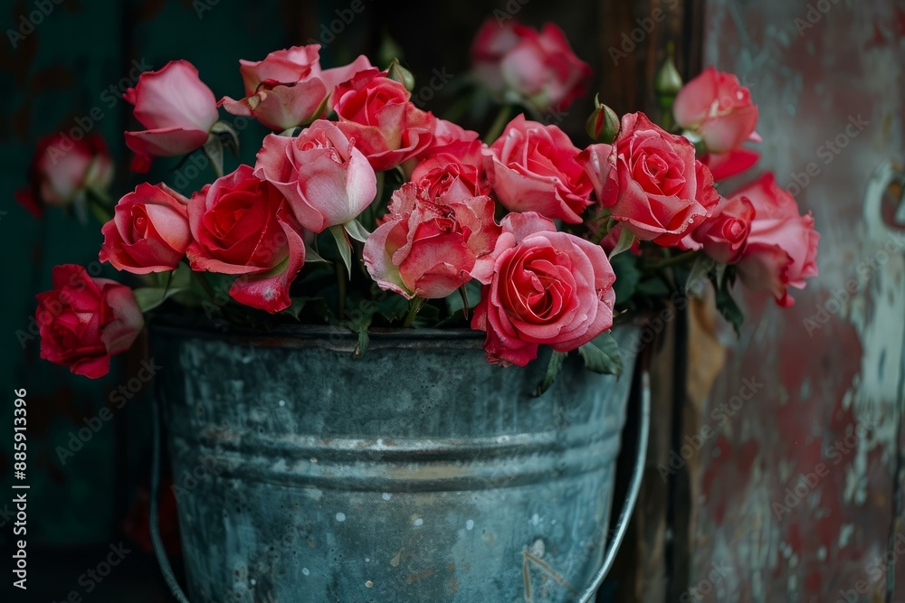 Bouquet of beautiful pink roses staying fresh in a metal bucket after being cut from a garden Bouquet of beautiful pink roses staying fresh in a metal bucket after being cut from a garden