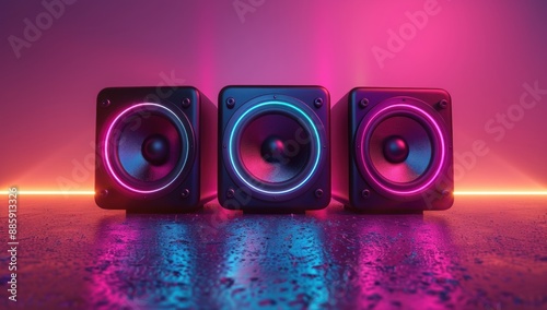 Three Speakers Glowing Under Neon Light.