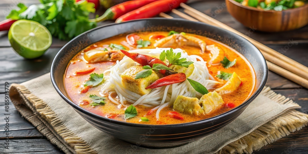 Crab meat coconut milk curry with rice noodle and Thai spicy soup, a delicious and flavorful Thai food dish, crab meat Crab meat coconut milk curry with rice noodle and Thai spicy soup, a delicious and flavorful Thai food dish, crab meat