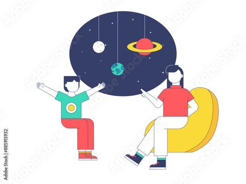 Young visitors looking at the art museum. Museum vector illustration