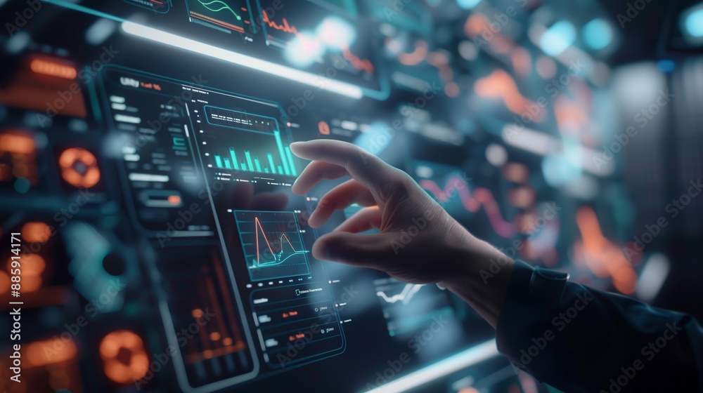 Close-up of hand touch on virtual screen with digital analysis dynamic charts and graphs. Data visualization, business analytics and technology concept. Close-up of hand touch on virtual screen with digital analysis dynamic charts and graphs. Data visualization, business analytics and technology concept.
