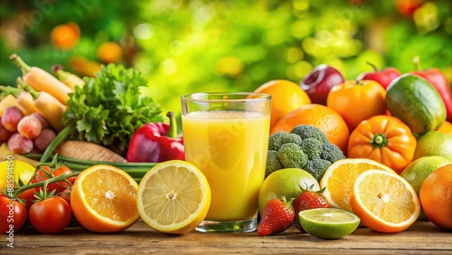 Fototapeta Naklejka Na Ścianę i Meble -  Fresh lemon juice drizzled over a colorful array of vegetables and fruits , lemon, juice, citrus, vegetables, fruits, healthy