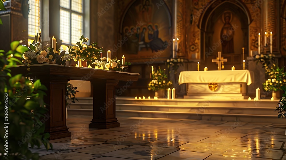 Beautiful catholic church altar inside decor and candles Beautiful catholic church altar inside decor and candles