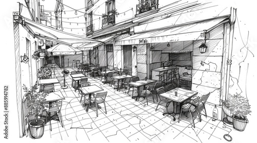  Sketch of quaint cafes in a Parisian district, hand drawing with black pen on paper in the style, high angle, cityscape, street, streets, sketch book page, romantic