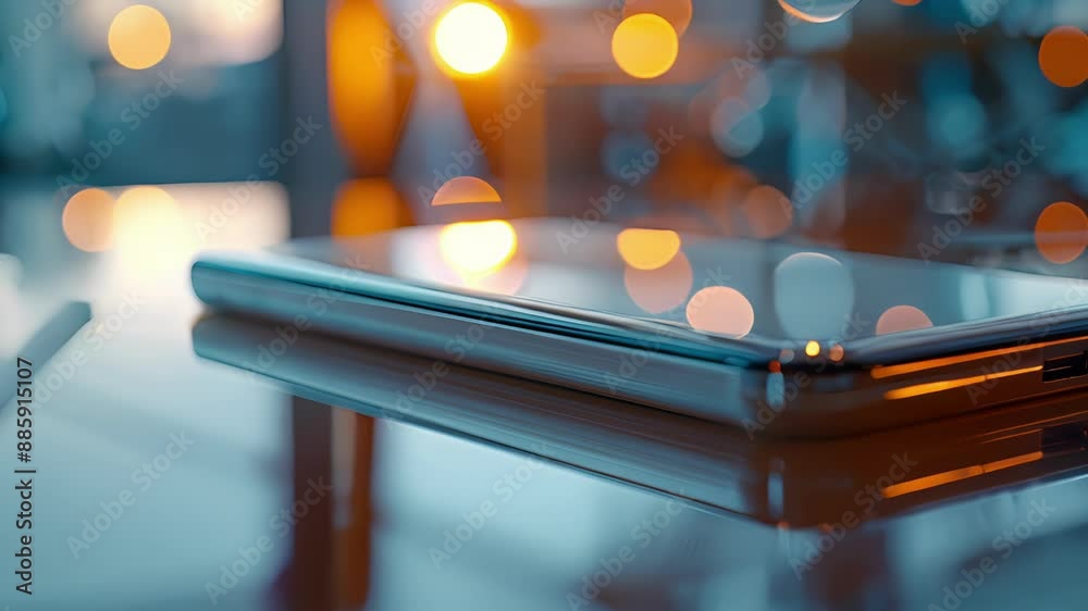 A magnified view of a power banks glossy finish reflecting the surrounding objects in its sleek design. A magnified view of a power banks glossy finish reflecting the surrounding objects in its sleek design.