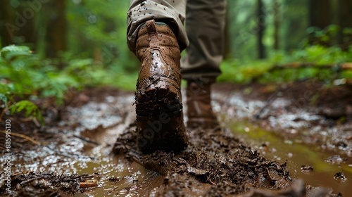 Person trudging through a muddy trail their clothes and shoes covered in mud Stock Photo with copy space photo