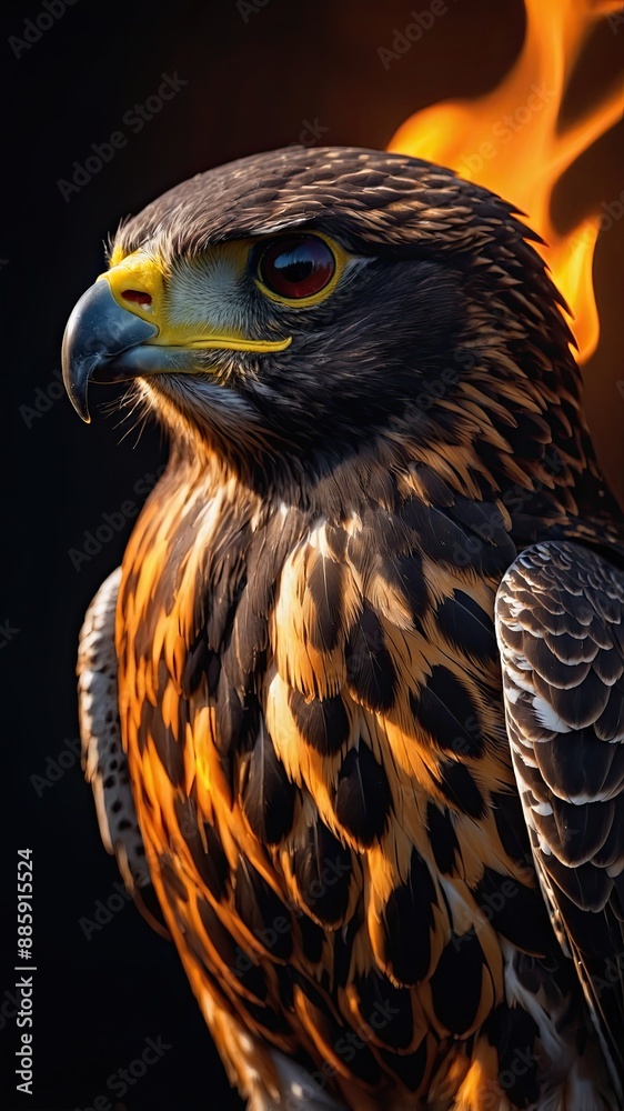 Fototapeta premium A falcon in clothes made of fire and gold. surrounded by the fiery sun and stars