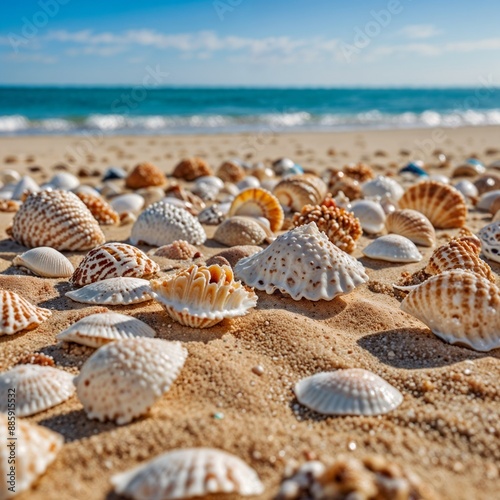 A closeup of various seashells scattered on a sandy beach, with the ocean out of focus in the background.