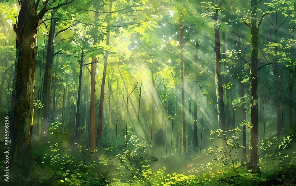 Fototapeta premium Sunlight Through Green Forest Trees