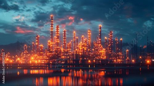 Oil refinery plant with extensive storage tanks, integrated with a demand price chart concept for analyzing petrochemical infrastructure