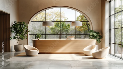 Elegant Minimalist Reception Area with Large Windows, Featuring a Modern Counter and Beige Chairs, Bathed in Natural Light from an Arched Window, Highlighted by a Sleek Pendant Lamp and Greenery Decor