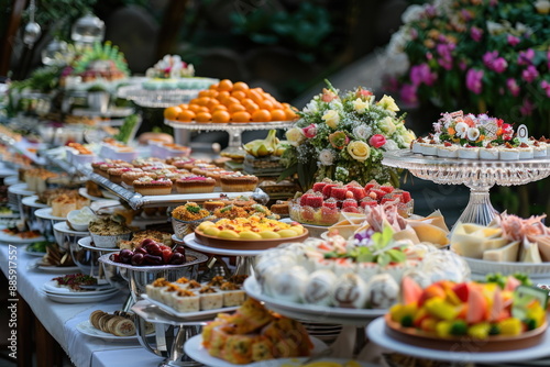 buffet foods on long table, Celebration, luxury food © waranyu