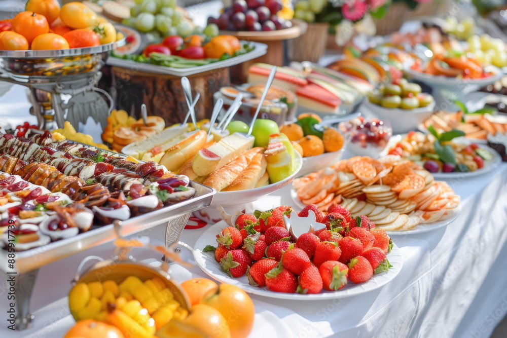 buffet foods on long table, Celebration, luxury food buffet foods on long table, Celebration, luxury food
