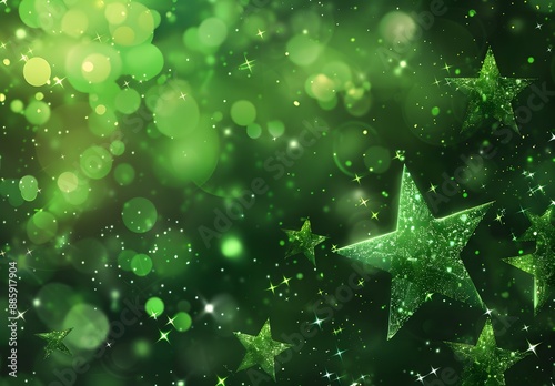Sparkling Green Stars Bokeh Background