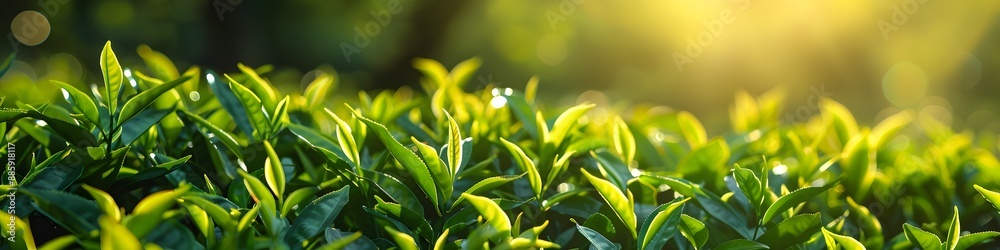 Obraz premium Green Tea Leaves Sunlight Blurred Grass Sunrise