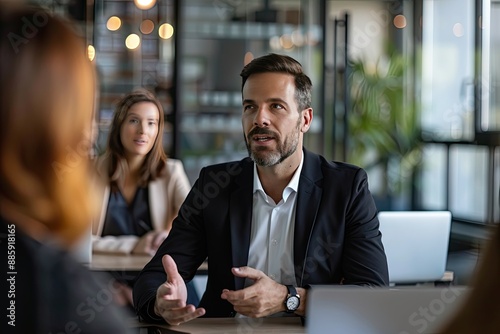 Serious businessman talking to colleagues during meeting in office. Group of businesspeople sitting at table and discussing something. Communication concept