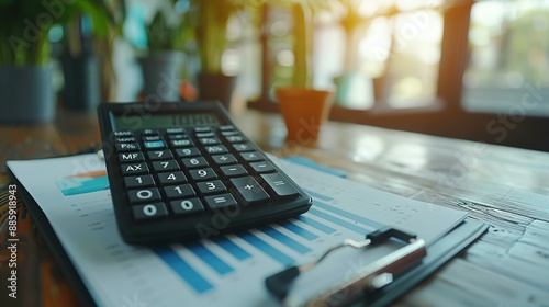 Black calculator and financial documents on office desk. IRS inspection and audit of earnings, savings, and loans.