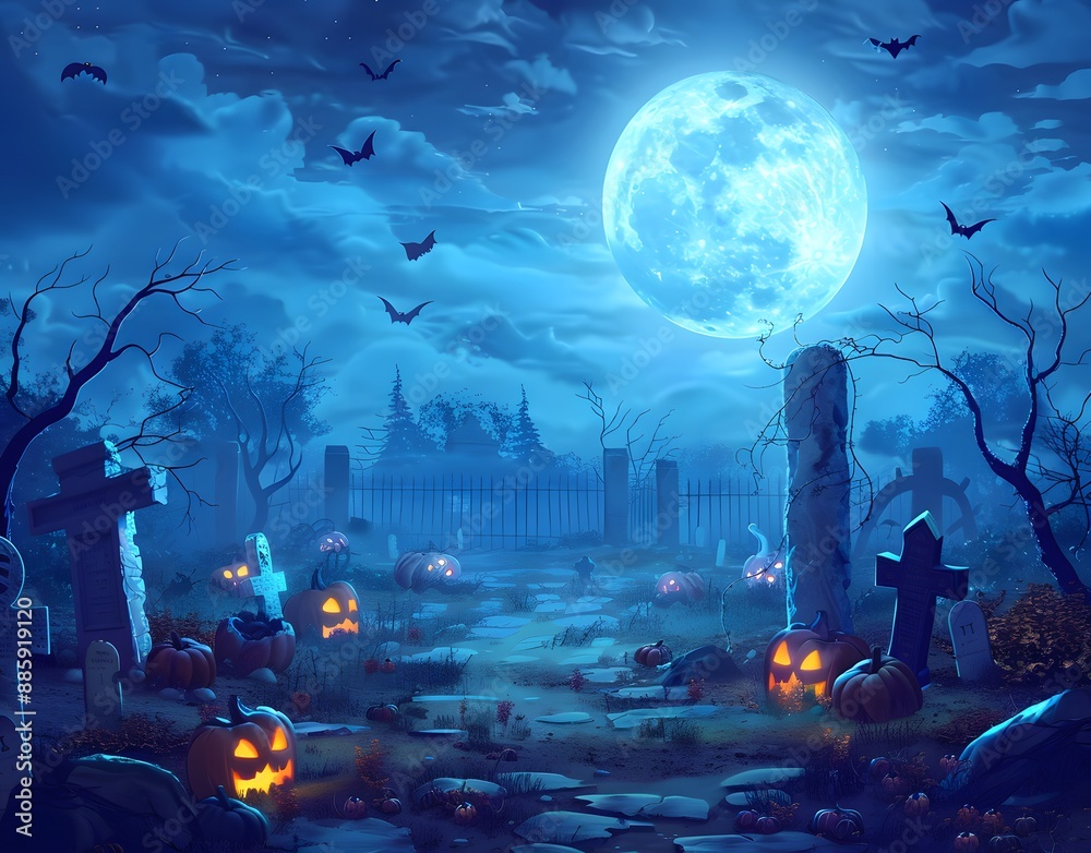 Spooky Halloween Graveyard with Full Moon Spooky Halloween Graveyard with Full Moon