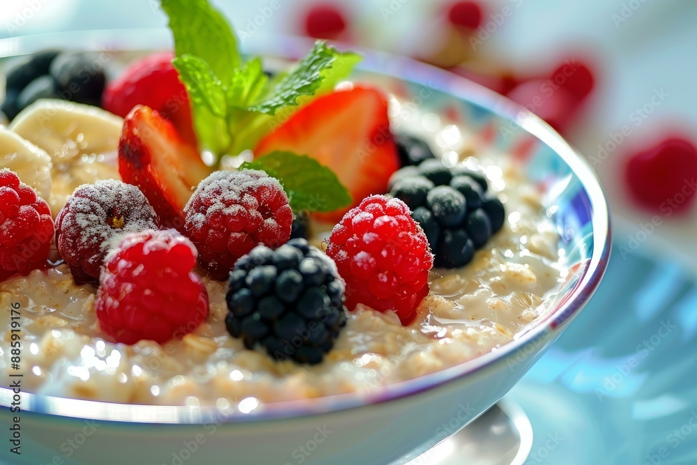 Bowl of oatmeal topped with fresh fruit and mint for a healthy breakfast Bowl of oatmeal topped with fresh fruit and mint for a healthy breakfast