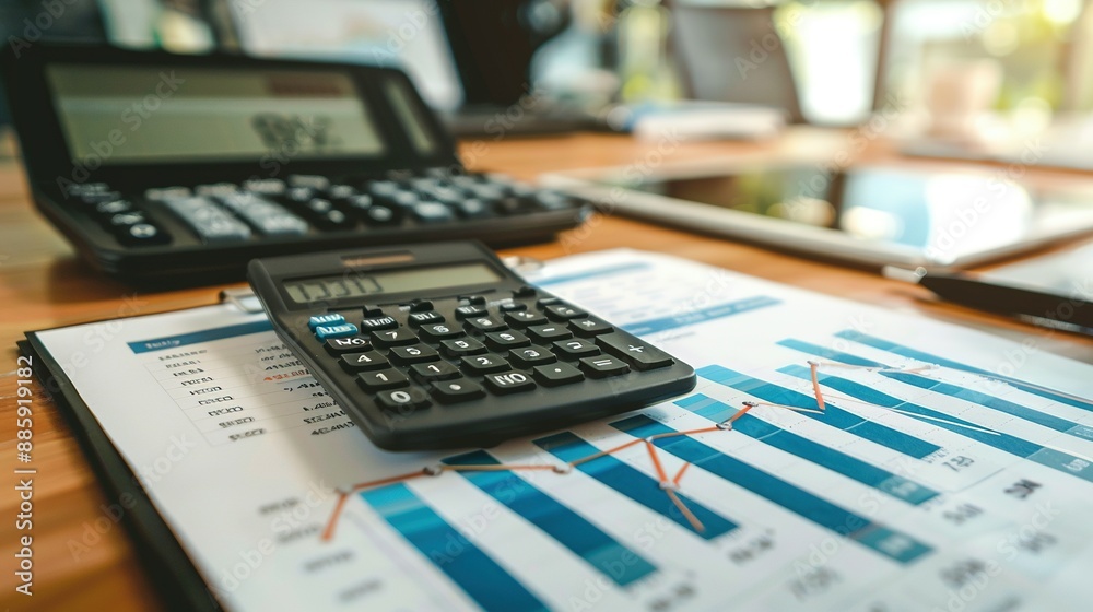 Black calculator and financial documents on office desk. IRS inspection and audit of earnings, savings, and loans. Black calculator and financial documents on office desk. IRS inspection and audit of earnings, savings, and loans.