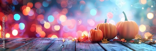 Halloween Pumpkins On Wooden Table With Bokeh Lights