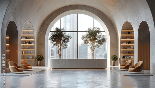Modern minimalist reception desk in an office with arched windows and tall columns in the background. 