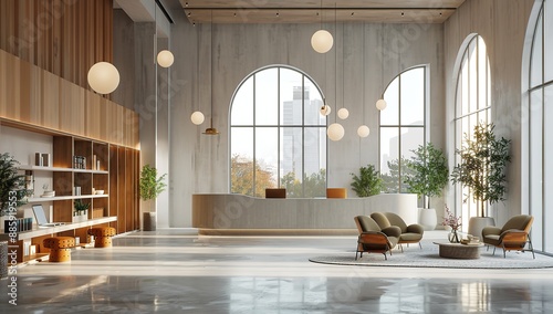 Modern minimalist reception desk in an office with arched windows and tall columns in the background. 