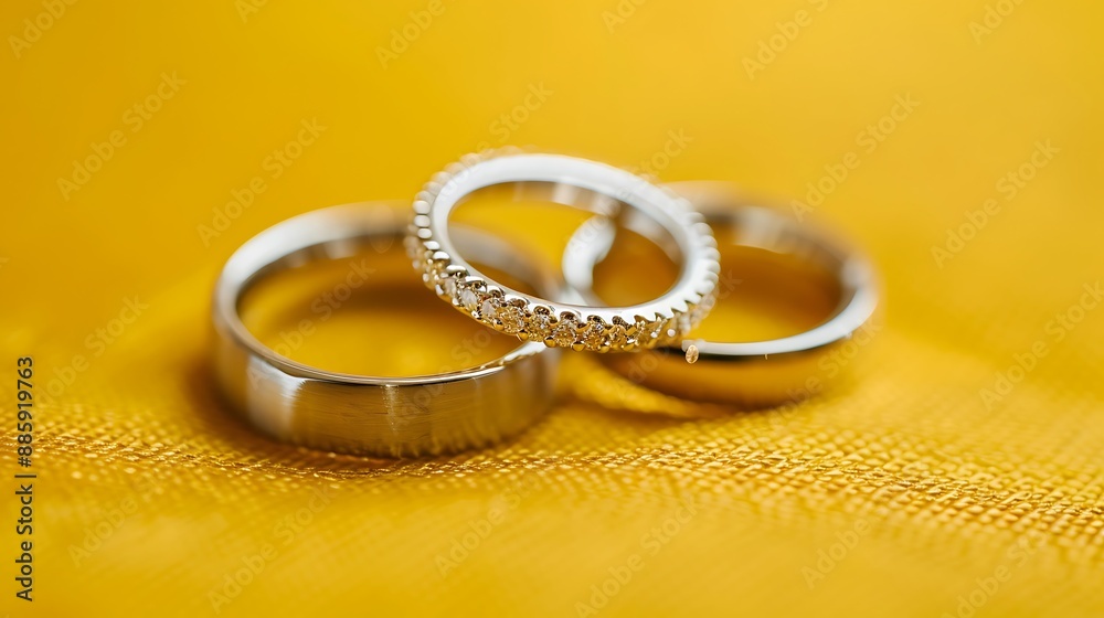 Closeup view of shiny silver wedding rings on yellow Closeup view of shiny silver wedding rings on yellow