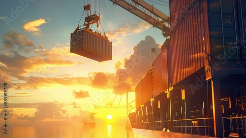 A crane lifting a container onto a ship against a sunset backdrop.