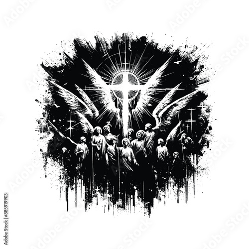 Angelic Light Piercing Darkness, Depict angels surrounding the cross illuminating the scene