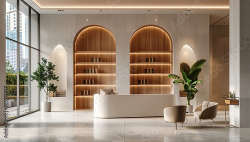 Modern minimalist reception desk in an office with arched windows and tall columns in the background. 