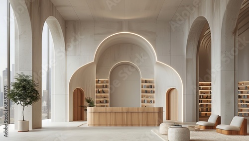 Modern minimalist reception desk in an office with arched windows and tall columns in the background. 
