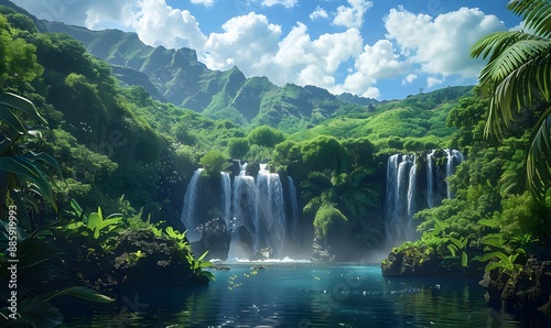 Lush Rainforest Waterfall Landscape in Hawaii