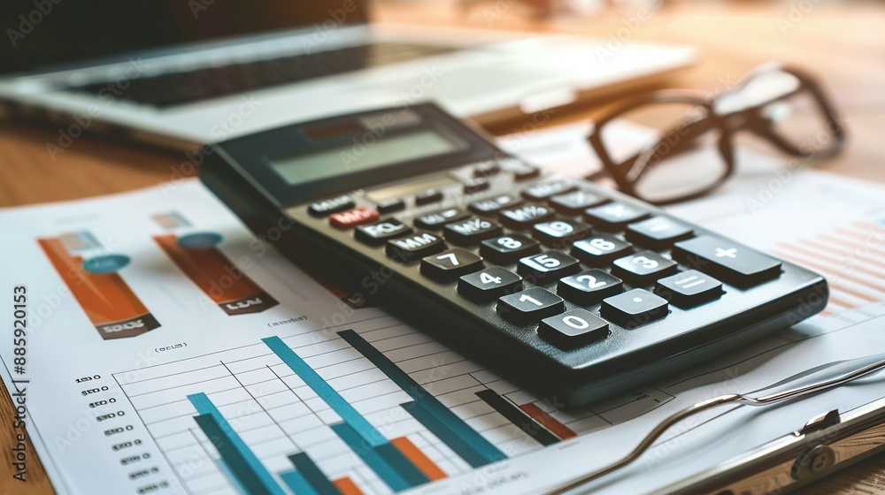 Calculator with financial stats on clipboard at office. IRS investigation of income, savings, and credit. Calculator with financial stats on clipboard at office. IRS investigation of income, savings, and credit.