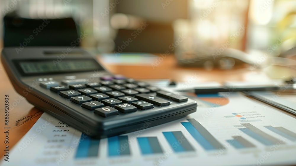 Office desk setup with calculator and financial papers. Internal Revenue Service audit on earnings and loans. Office desk setup with calculator and financial papers. Internal Revenue Service audit on earnings and loans.