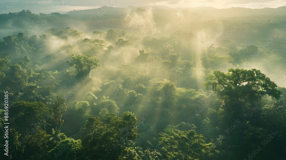 Fototapeta premium Sunbeams Through Misty Rainforest Canopy