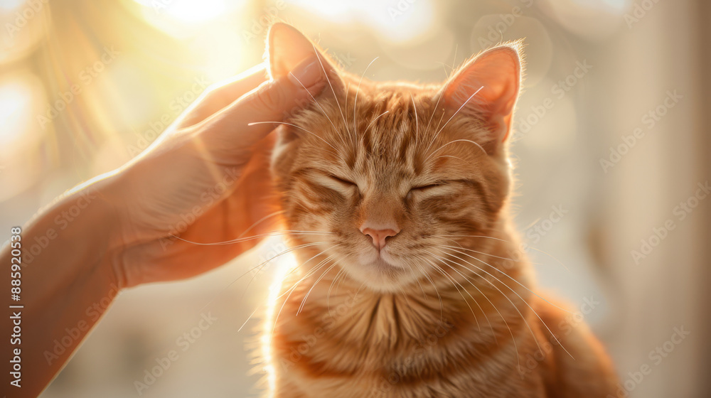 An artistic photograph of an orange tabby cat, with intricate fur patterns, being petted on the head by a human hand, serene expression, frontal view An artistic photograph of an orange tabby cat, with intricate fur patterns, being petted on the head by a human hand, serene expression, frontal view