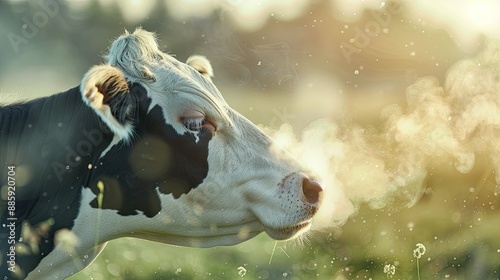 Close-up of a cow belching, with methane gas visuals highlighting environmental impact photo