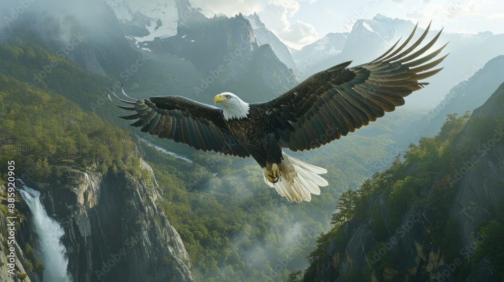 American bald eagle flying over beautiful landscape with mountains and forest. Wild bird with spread wings in flight American bald eagle flying over beautiful landscape with mountains and forest. Wild bird with spread wings in flight