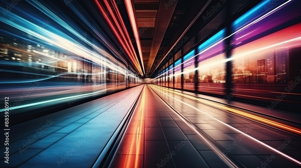 Fast speed light, tunnel background, colorful lights, train tracks in the center of the composition, blurred motion effect Fast speed light, tunnel background, colorful lights, train tracks in the center of the composition, blurred motion effect