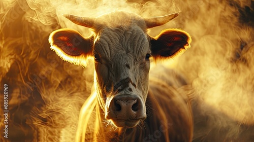 Cow's face with methane emission visuals illustrating the impact of flatulence and burping photo